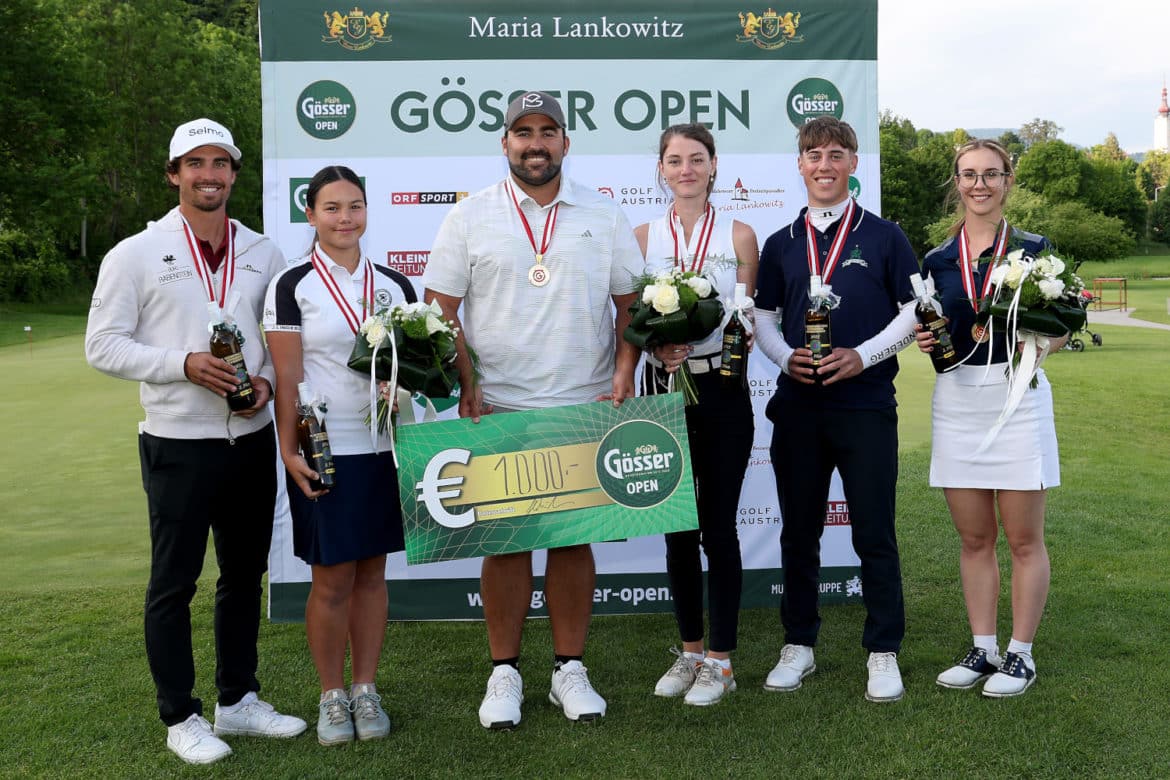 GOLF – AUT Par 3 Championships GRAZ,AUSTRIA,13.MAY.25 - GOLF - Austrian Par 3 Championships, GC Andritz. Image shows Niklas Regner (AUT), Anastasia Herzig (AUT), Mario Galiano Aguilar (ESP), Katharina Janisch (AUT), Thomas Austin (AUT) and Emily Weissensteiner (AUT) . Photo: GEPA pictures/ Hans Oberlaender